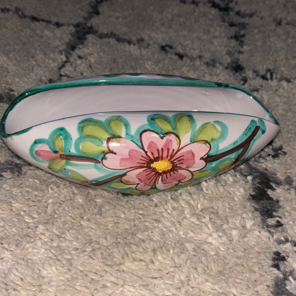 Floral Ceramic Dish with Pink and Green Design